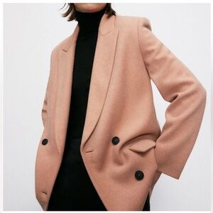 Zara Lapel Collar Doubled-Breasted Coat in Mid Camel/Pink